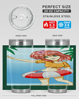 A cute and happy girl enjoying the beach with a buoy, featured on a stylish tumbler.