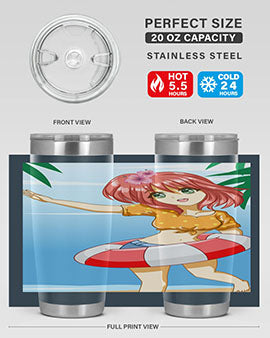 A cute and happy girl enjoying the beach with a buoy, featured on a stylish tumbler.
