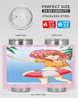 A cute and happy girl enjoying the beach with a buoy, featured on a stylish tumbler.