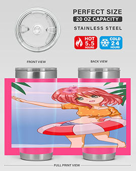 A cute and happy girl enjoying the beach with a buoy, featured on a stylish tumbler.