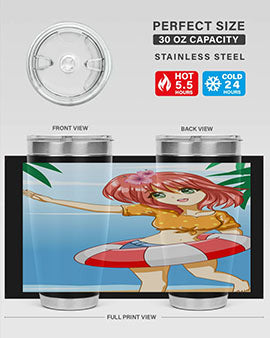 A cute and happy girl enjoying the beach with a buoy, featured on a stylish tumbler.