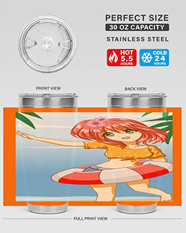 A cute and happy girl enjoying the beach with a buoy, featured on a stylish tumbler.