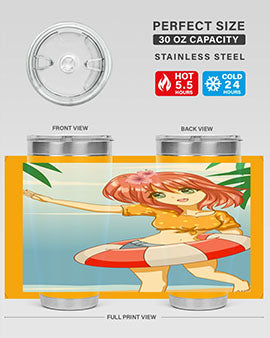 A cute and happy girl enjoying the beach with a buoy, featured on a stylish tumbler.