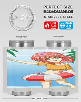 A cute and happy girl enjoying the beach with a buoy, featured on a stylish tumbler.