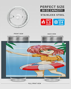 A cute and happy girl enjoying the beach with a buoy, featured on a stylish tumbler.