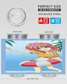 A cute and happy girl enjoying the beach with a buoy, featured on a stylish tumbler.