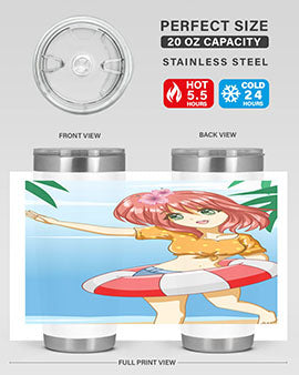 A cute and happy girl enjoying the beach with a buoy, featured on a stylish tumbler.