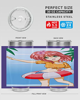 A cute and happy girl enjoying the beach with a buoy, featured on a stylish tumbler.