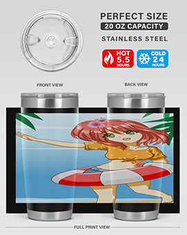 A cute and happy girl enjoying the beach with a buoy, featured on a stylish tumbler.