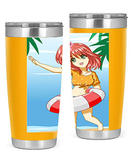 A cute and happy girl enjoying the beach with a buoy, featured on a stylish tumbler.