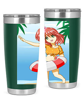 A cute and happy girl enjoying the beach with a buoy, featured on a stylish tumbler.