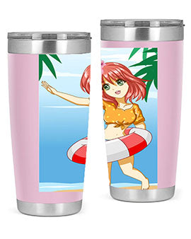 A cute and happy girl enjoying the beach with a buoy, featured on a stylish tumbler.