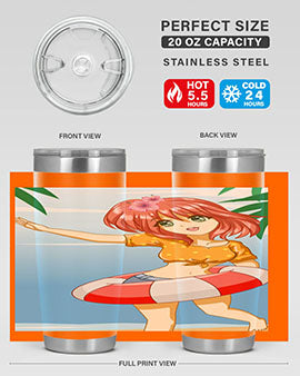 A cute and happy girl enjoying the beach with a buoy, featured on a stylish tumbler.