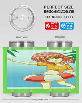 A cute and happy girl enjoying the beach with a buoy, featured on a stylish tumbler.