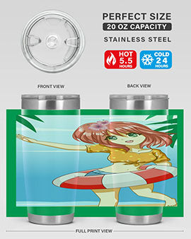 A cute and happy girl enjoying the beach with a buoy, featured on a stylish tumbler.