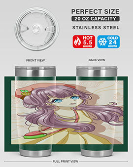 Cute and happy girl in summertime with fruit theme on a stylish tumbler, showcasing vibrant colors and a fun design.