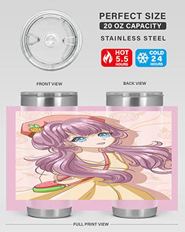 Cute and happy girl in summertime with fruit theme on a stylish tumbler, showcasing vibrant colors and a fun design.