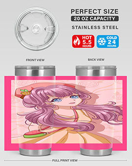 Cute and happy girl in summertime with fruit theme on a stylish tumbler, showcasing vibrant colors and a fun design.