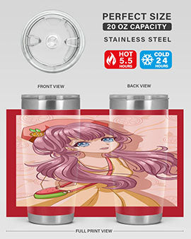 Cute and happy girl in summertime with fruit theme on a stylish tumbler, showcasing vibrant colors and a fun design.