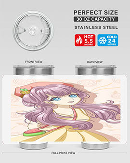 Cute and happy girl in summertime with fruit theme on a stylish tumbler, showcasing vibrant colors and a fun design.