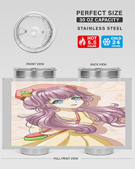 Cute and happy girl in summertime with fruit theme on a stylish tumbler, showcasing vibrant colors and a fun design.