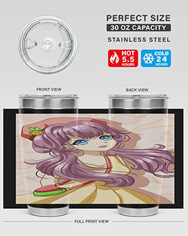 Cute and happy girl in summertime with fruit theme on a stylish tumbler, showcasing vibrant colors and a fun design.