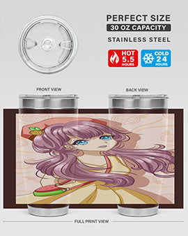 Cute and happy girl in summertime with fruit theme on a stylish tumbler, showcasing vibrant colors and a fun design.