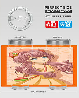 Cute and happy girl in summertime with fruit theme on a stylish tumbler, showcasing vibrant colors and a fun design.