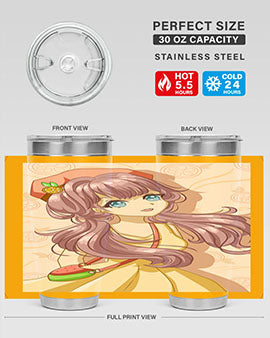 Cute and happy girl in summertime with fruit theme on a stylish tumbler, showcasing vibrant colors and a fun design.