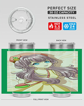 Cute and happy girl in summertime with fruit theme on a stylish tumbler, showcasing vibrant colors and a fun design.