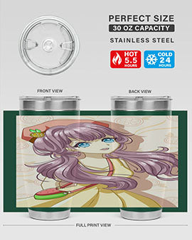 Cute and happy girl in summertime with fruit theme on a stylish tumbler, showcasing vibrant colors and a fun design.