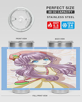 Cute and happy girl in summertime with fruit theme on a stylish tumbler, showcasing vibrant colors and a fun design.