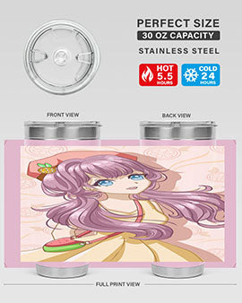 Cute and happy girl in summertime with fruit theme on a stylish tumbler, showcasing vibrant colors and a fun design.