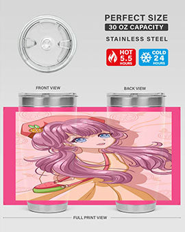 Cute and happy girl in summertime with fruit theme on a stylish tumbler, showcasing vibrant colors and a fun design.