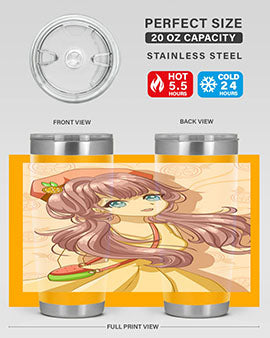 Cute and happy girl in summertime with fruit theme on a stylish tumbler, showcasing vibrant colors and a fun design.