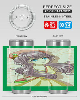 Cute and happy girl in summertime with fruit theme on a stylish tumbler, showcasing vibrant colors and a fun design.