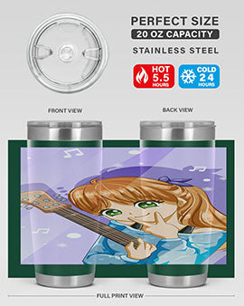 Cute anime girl with guitar design on a stainless steel tumbler, showcasing vibrant colors and a stylish look.