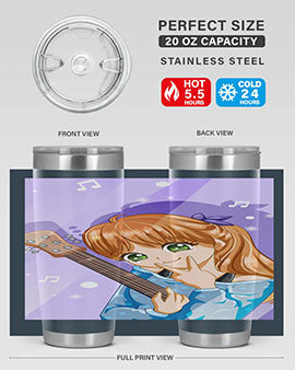 Cute anime girl with guitar design on a stainless steel tumbler, showcasing vibrant colors and a stylish look.