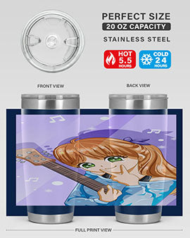 Cute anime girl with guitar design on a stainless steel tumbler, showcasing vibrant colors and a stylish look.