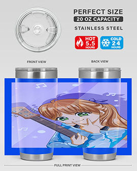 Cute anime girl with guitar design on a stainless steel tumbler, showcasing vibrant colors and a stylish look.