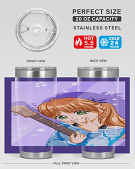 Cute anime girl with guitar design on a stainless steel tumbler, showcasing vibrant colors and a stylish look.