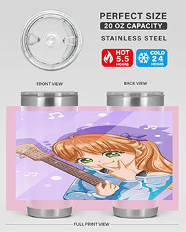 Cute anime girl with guitar design on a stainless steel tumbler, showcasing vibrant colors and a stylish look.