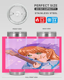Cute anime girl with guitar design on a stainless steel tumbler, showcasing vibrant colors and a stylish look.