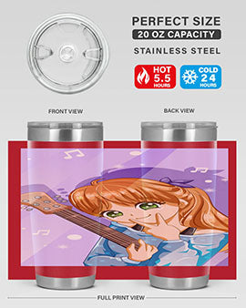 Cute anime girl with guitar design on a stainless steel tumbler, showcasing vibrant colors and a stylish look.