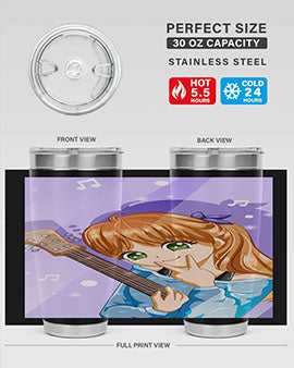 Cute anime girl with guitar design on a stainless steel tumbler, showcasing vibrant colors and a stylish look.