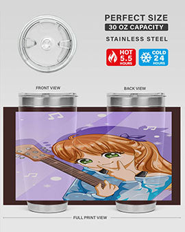 Cute anime girl with guitar design on a stainless steel tumbler, showcasing vibrant colors and a stylish look.