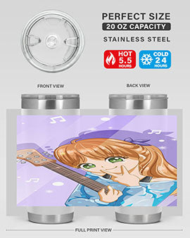 Cute anime girl with guitar design on a stainless steel tumbler, showcasing vibrant colors and a stylish look.