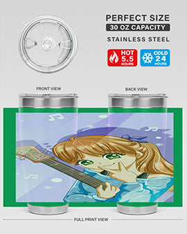 Cute anime girl with guitar design on a stainless steel tumbler, showcasing vibrant colors and a stylish look.