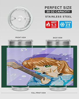 Cute anime girl with guitar design on a stainless steel tumbler, showcasing vibrant colors and a stylish look.