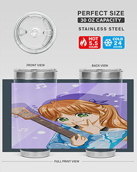 Cute anime girl with guitar design on a stainless steel tumbler, showcasing vibrant colors and a stylish look.